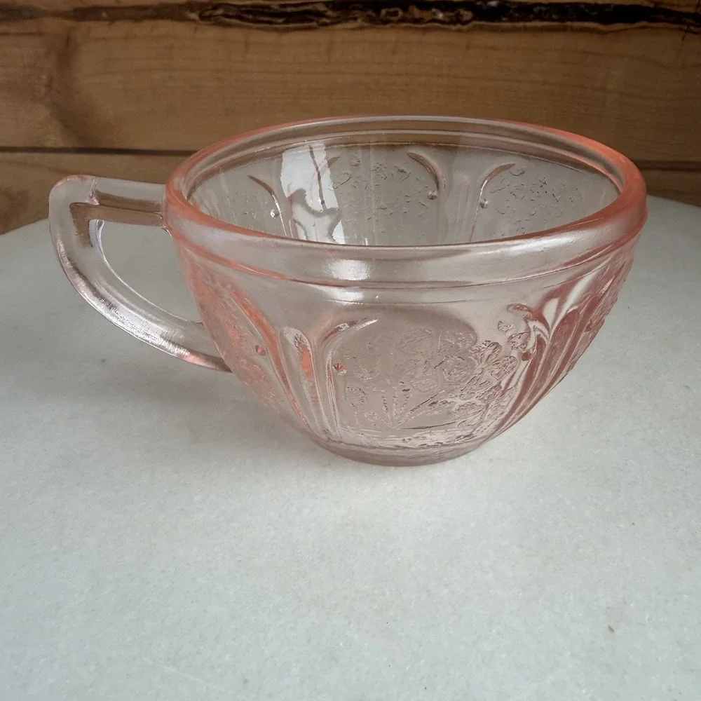 Vtg Jeannette Glass Co. Pink Cherry Blossom Cup/Saucer Set Depression Glass EUC